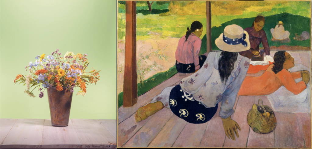 Two oil painting sit together, the one on the left of flowers in a dark vase and the one on the right of families playing in the shade of trees.