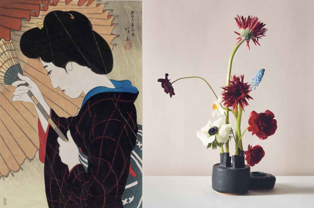 Two oil paintings from Art in Flowers sit side by side one on the left of a Japanese woman with a flower and one on the right of flowers in a vase.