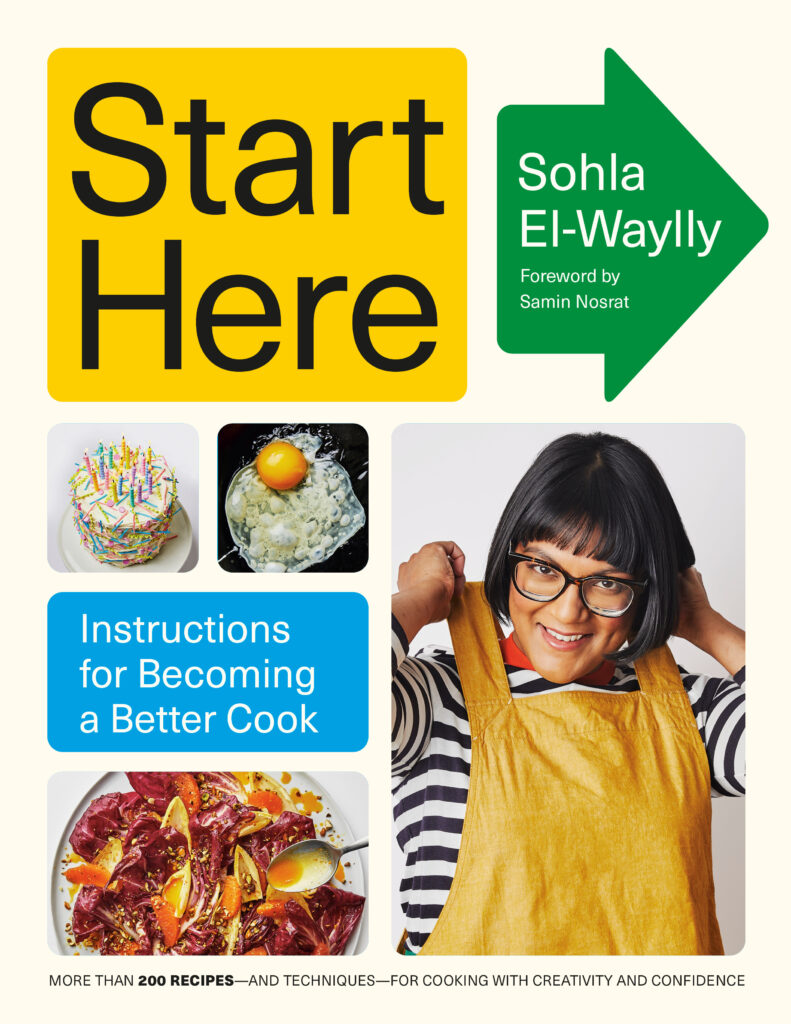 A white background cookbook cover is topped with cut out photos of food dishes as well as the author, a woman standing in yellow overalls and a striped shirt.