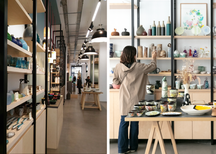 Two photos side by side showing the inside space of Empreintes design shop in Paris, shelves of products line the store.