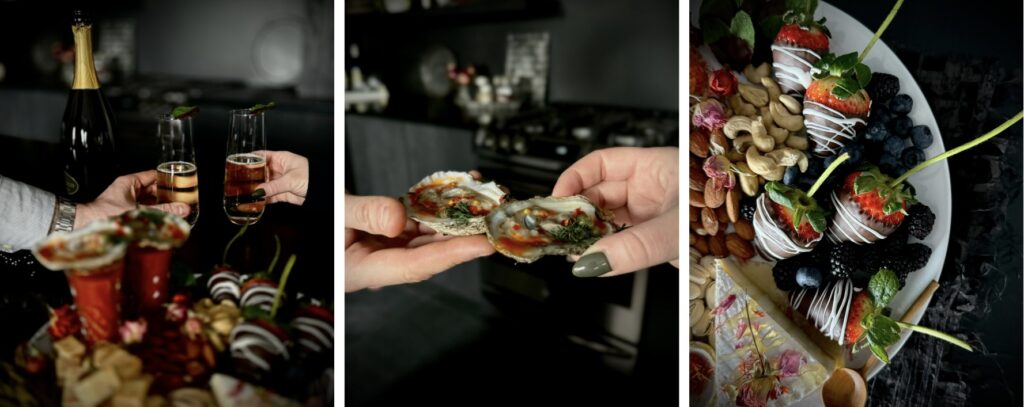 Three photos in a row, the first one focused on the hands of a man and women with champagne in hand, the second with oysters on the half shell in hand, and the third with milk chocolate covered strawberries with white chocolate drizzle on a plate.