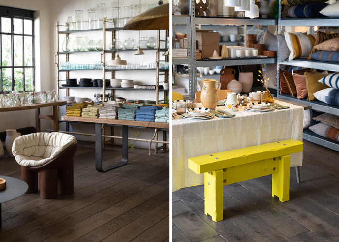 Two photos side by side of the design store shop space at Merci in Paris featuring yellow benches, tiles, and more.