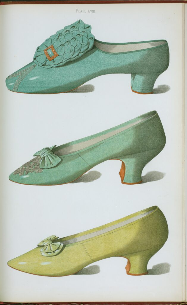 A lithograph of three heeled shoes stacked on top of each other.