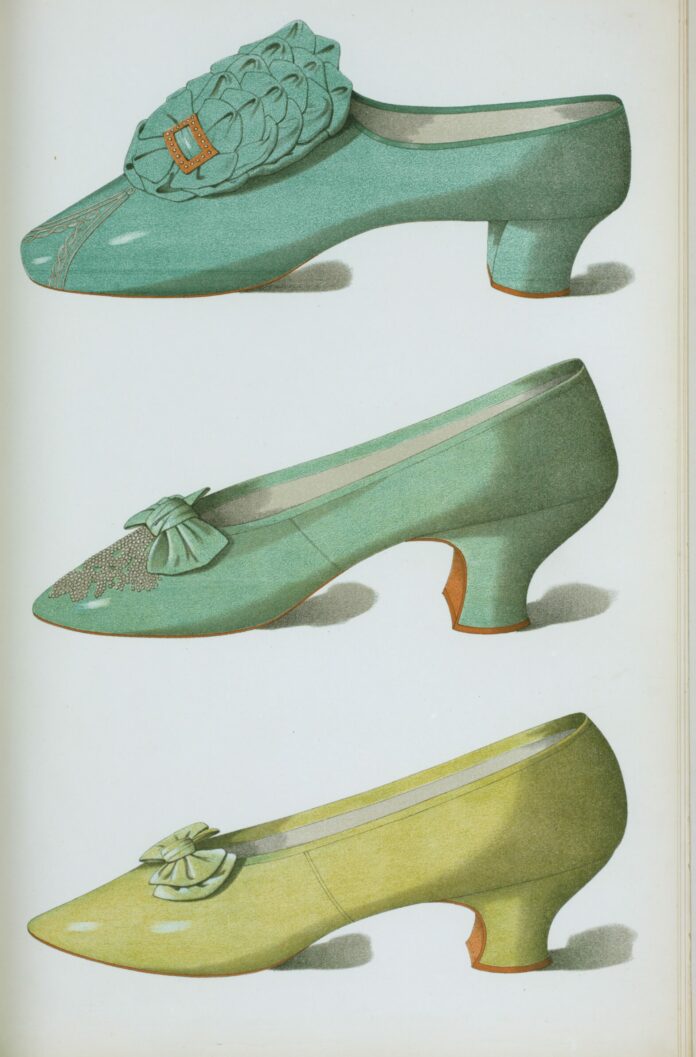 A lithograph of three heeled shoes stacked on top of each other in greenish colors.
