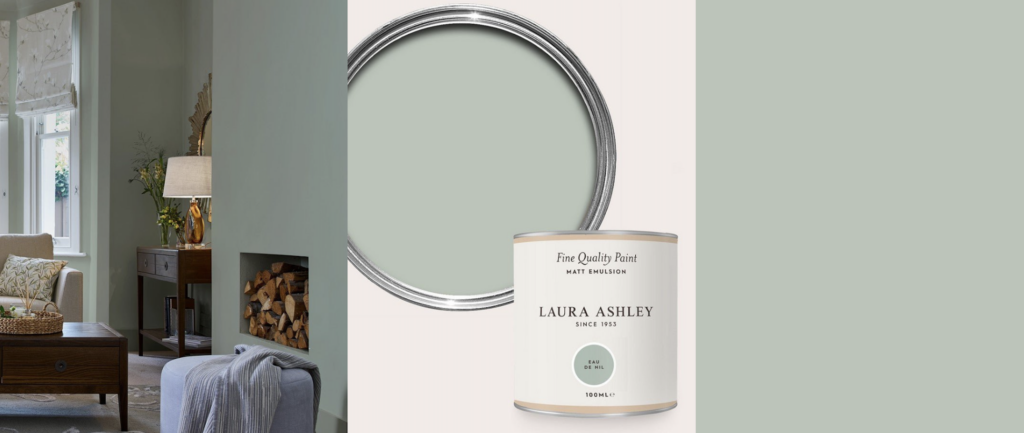 Three panels showing eau de nil, a murkey seafoam color paint edon a wall, in a paint can, and on a swatch appear from left to right.