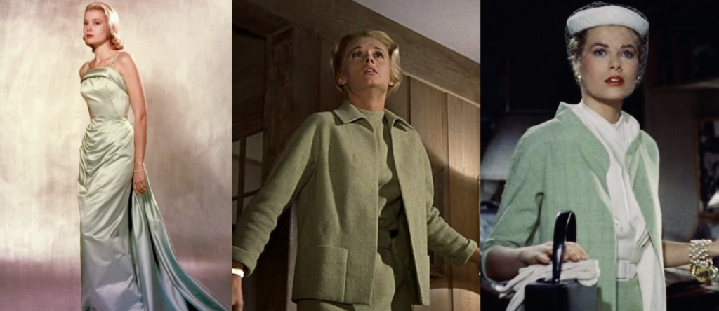 Three women dressed in greenish clothing. From left to right a woman wears a long gown in the color, another wears a suit, and the third also wears a suit similar to the second.