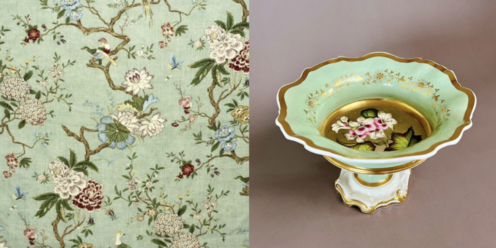 A collage of two photos, a floral wall paper in the color eau de nil on the left and a piece of china in the shape of a bowl and the color eau de nil.