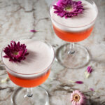 Two coupe glasses hold slightly red The Archer Valentine's Day Cocktail with an edible purple flower on top.