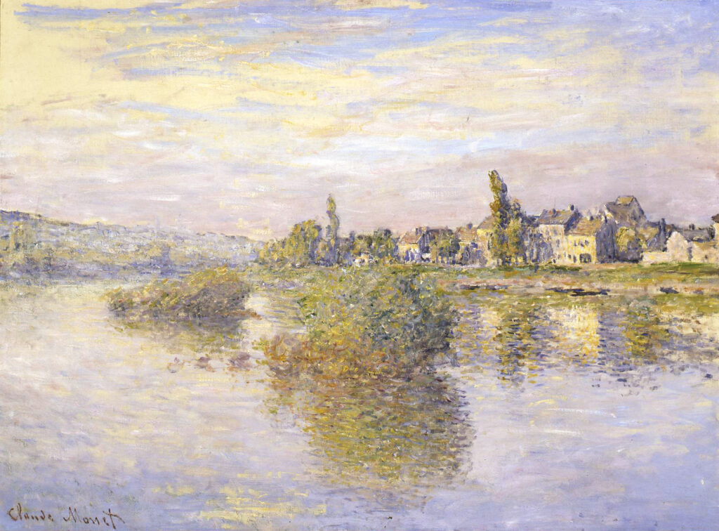 A watercolor painting by Monet of a lake in pastel colors with a green island nearby.