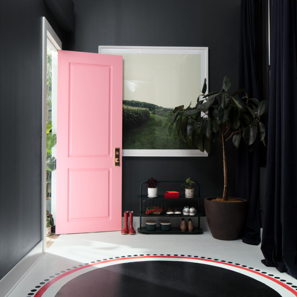 A midnight blue painted room with a bright pink door open.