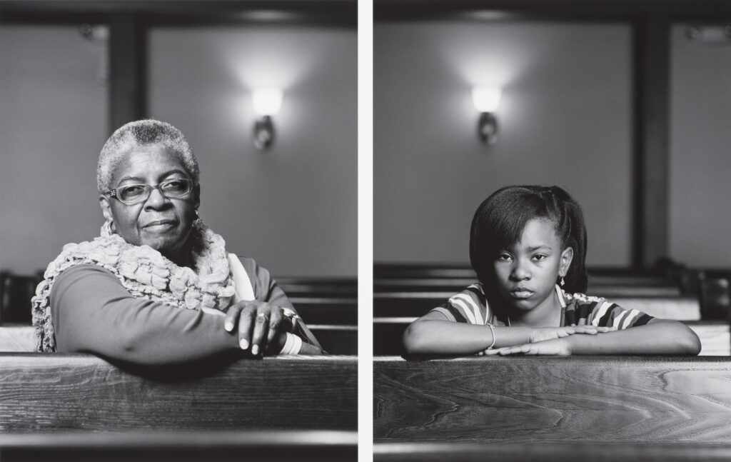 A black and white photo of an old women is on the left while a photo of a young girl is on the right.