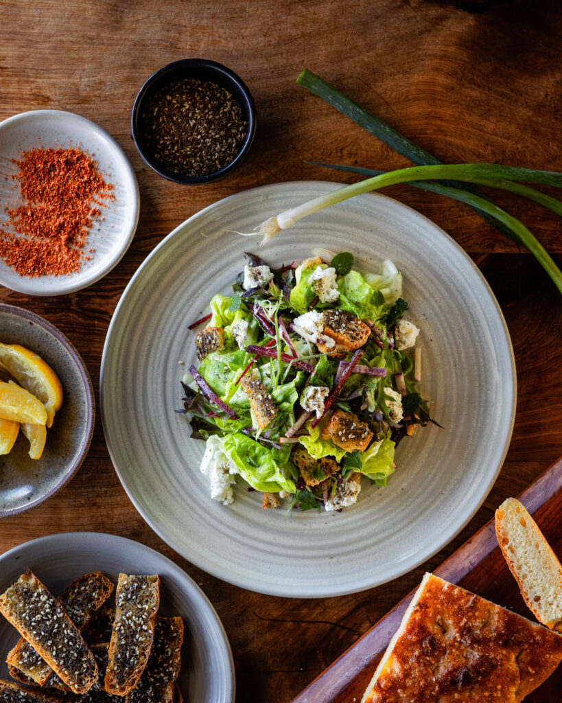 Fresh Lemon Za'atar Salad with Crispy Focaccia Croutons and Colorful Vegetables