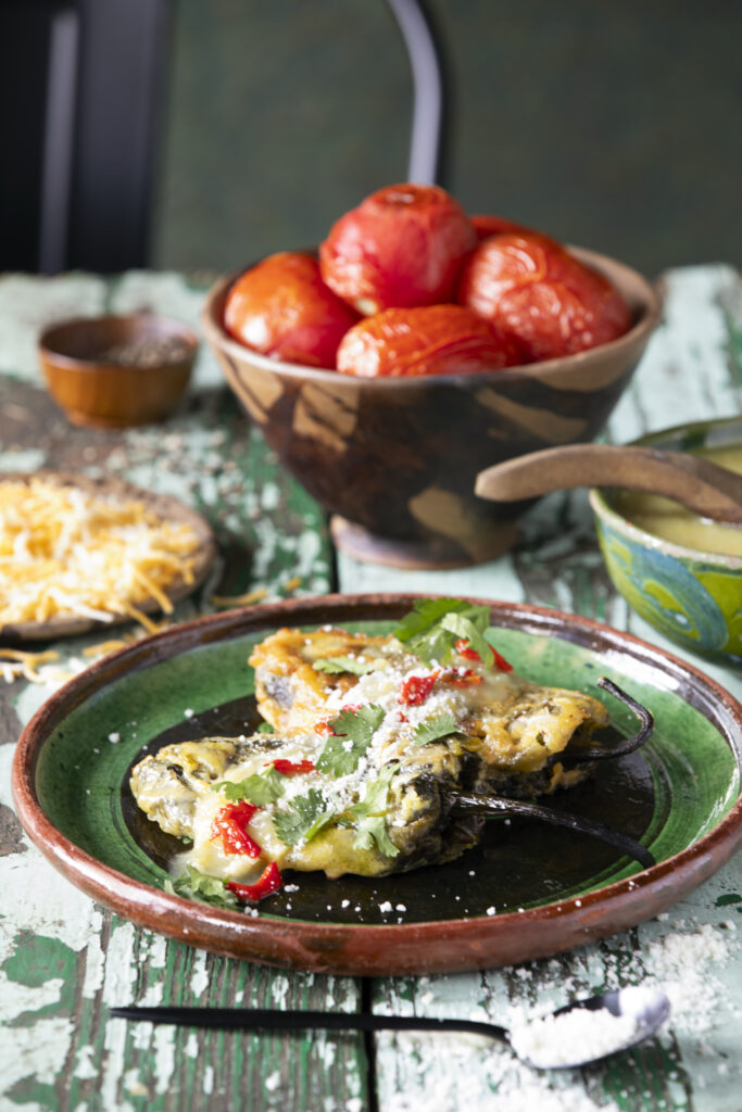 Golden-fried stuffed New Mexican green chiles served with homemade green chile sauce.