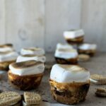 GS S'mores Mini Cheesecakes sit on a pale table with a few broken GS S'mores cooking scattered in front.