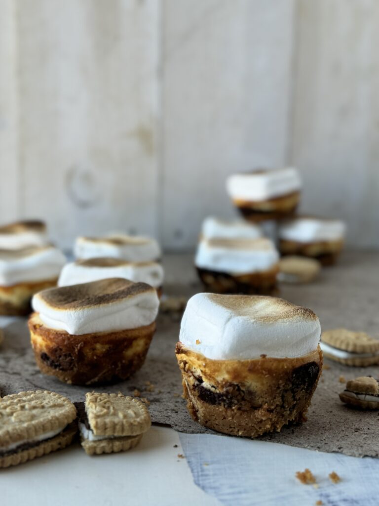 GS S'mores Mini Cheesecakes sit on a pale table with a few broken GS S'mores cooking scattered in front.