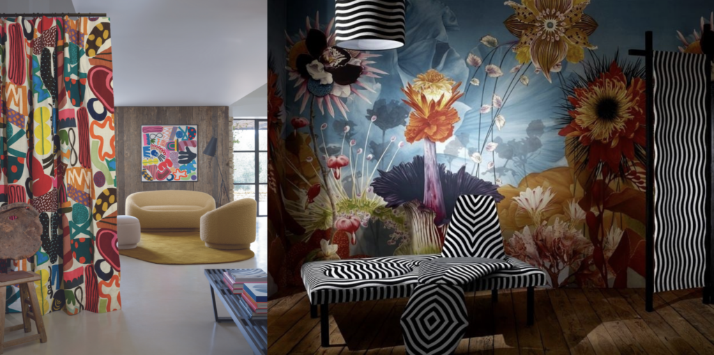 On the left is a living room decorated with bright pops of abstract color while on the right huge paintings of flowers cover the walls and all the furniture is in a black and white stripe pattern.
