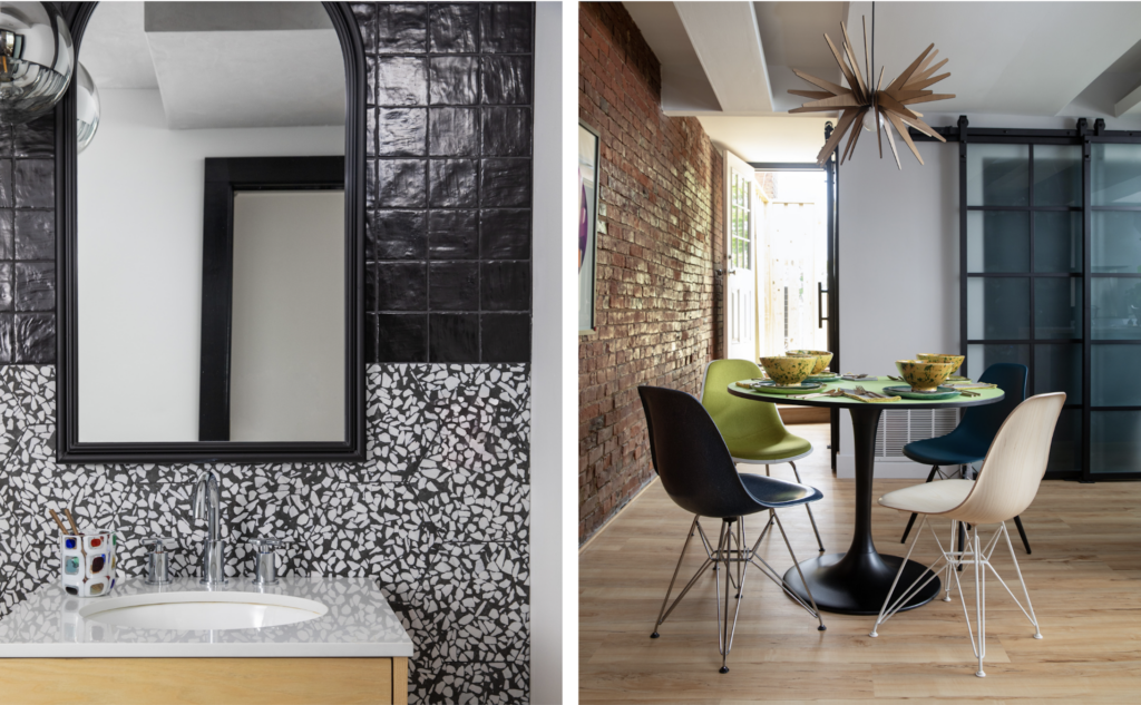 On the left is an image of a bathroom sink and mirror with a black tile wall and speckled black and white wall. On the right is an image on a dining table with light coming through the window and brick walls.