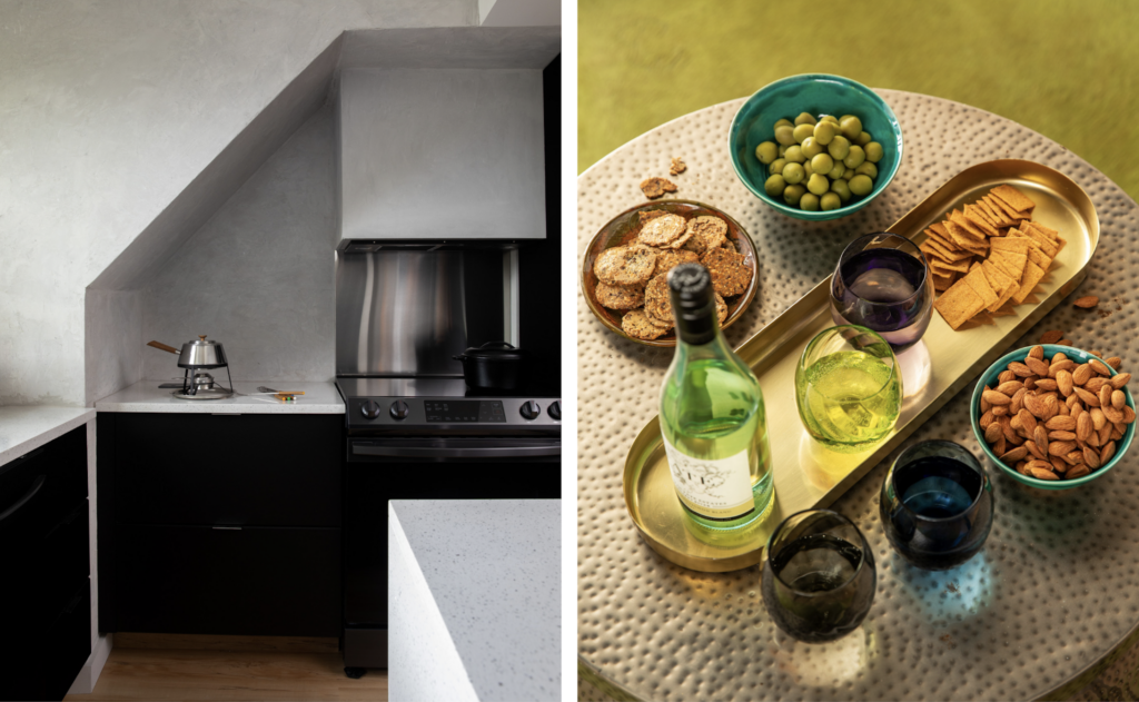 On the left is an image of a kitchen interior with a black counter with white top. On the right is a picture of a snack mix set up on a table in different bowls featuring beverages as well.