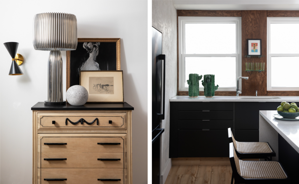 On the left is an image of a wooden dresser with a black top, on it sits a grey ball, a metallic lamp and two framed photos. On the right is a kitchen interior by Cinque Cerra-Saunders with two cacti decorations sitting on the counter top.