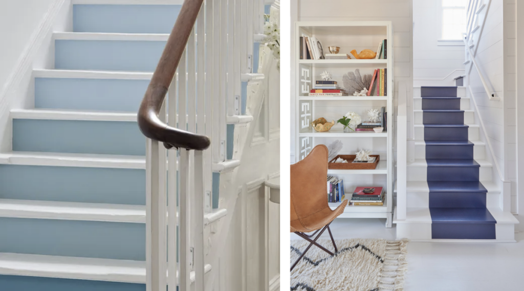 Two pictures side by side of different blue painted staircases.