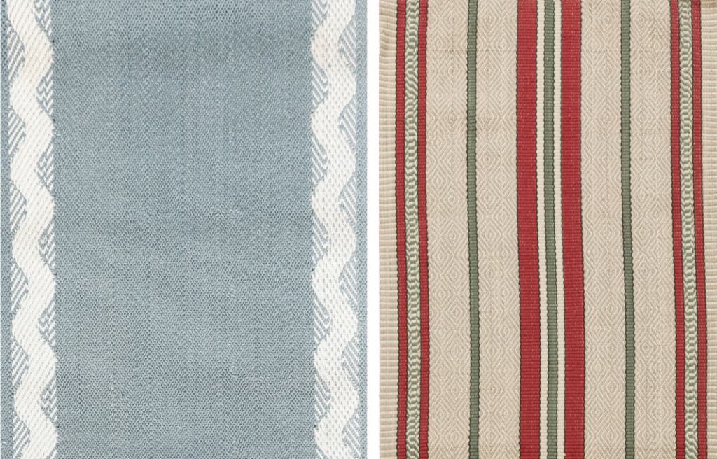 Two carpet runner patterns side by side. The left is a blue with lines on the side and the right is red, beige, and blue in patterned lines.
