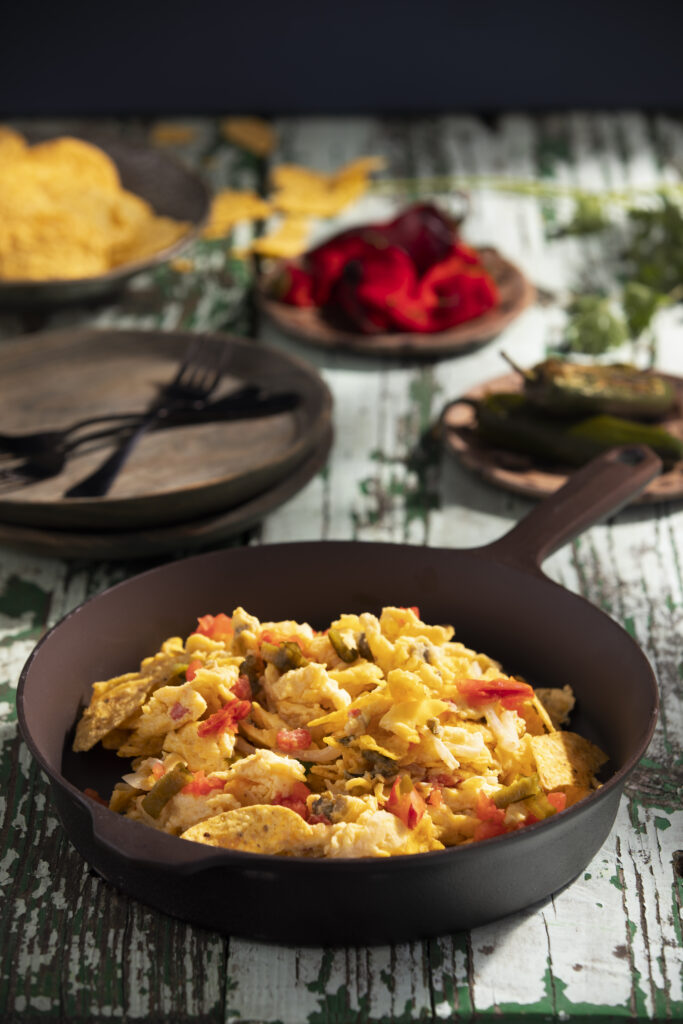 Morning Migas served in a skillet