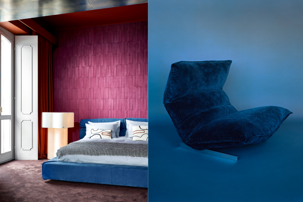 To the left an image of a bedroom with dark burgundy walls has a dark blue bed in the photo while on the right a dark blue cushion chair sits on a blue background.