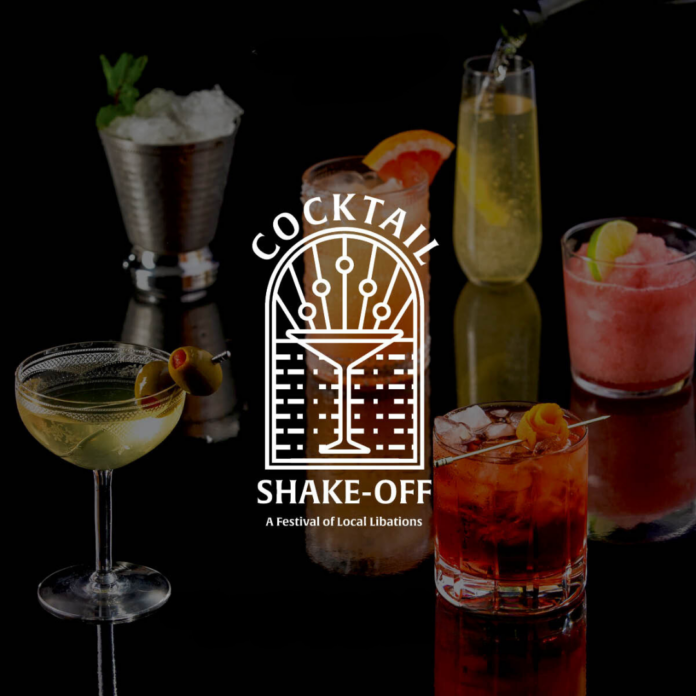 Six cocktails is different glasses on a black surface behind a white logo for cocktail shake-off.