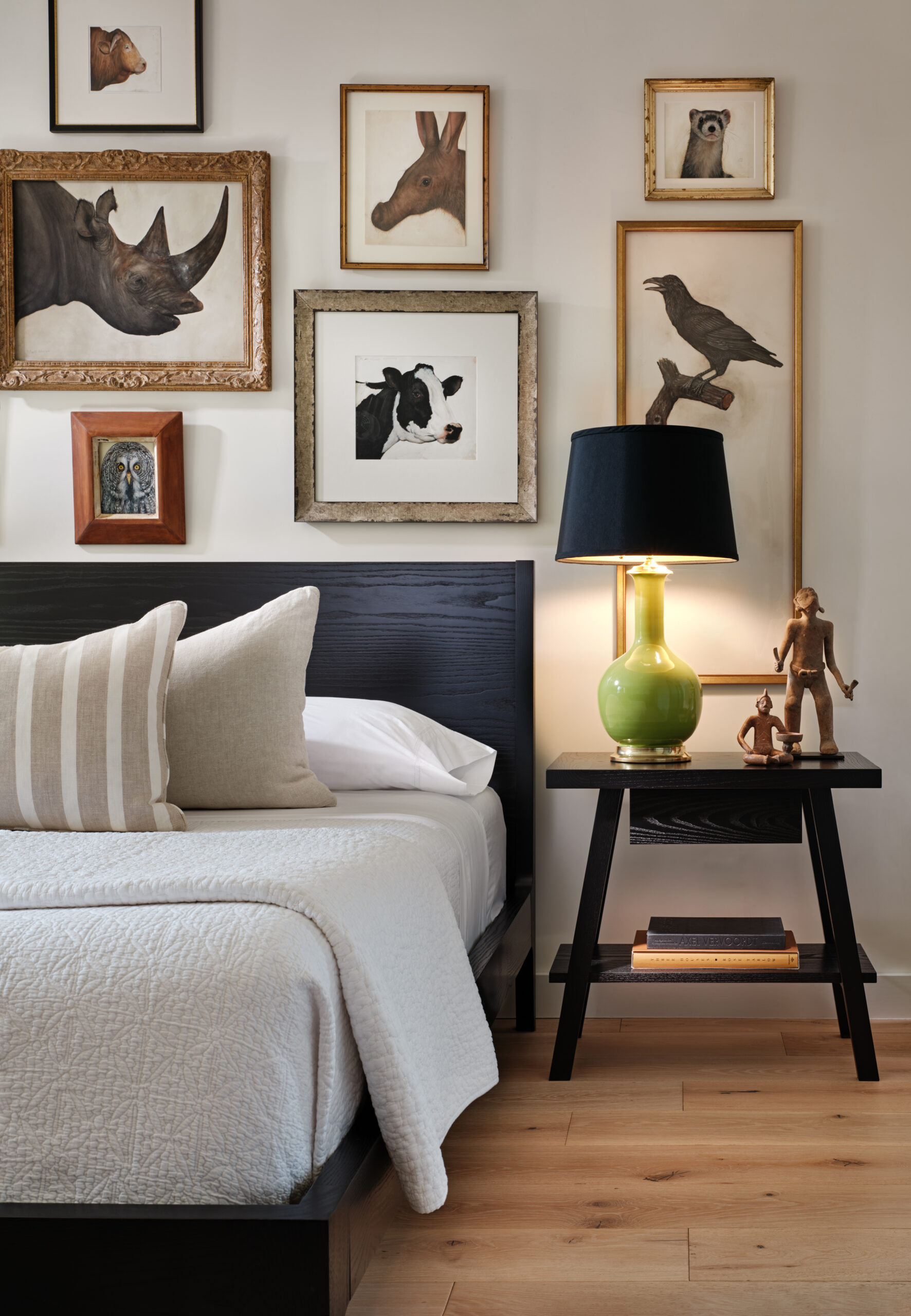 The bedroom sports a fascinating menagerie.