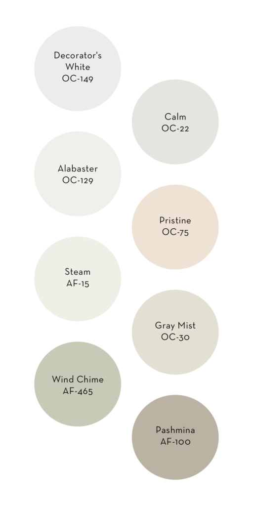 Pale neutral and full green paint swatches in two rows to show spring paint trends.