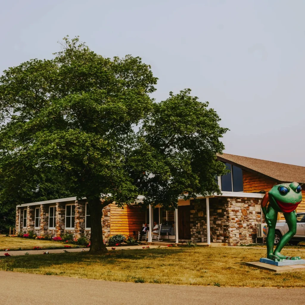 A photo of the outside of a building with multicolored stacked stone, wood, and white trim with a statue of a green standing frog on the right of the building.