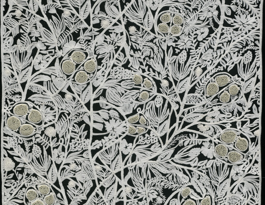 A black and white floral print sample of a wallpaper design from Paris Design Week.