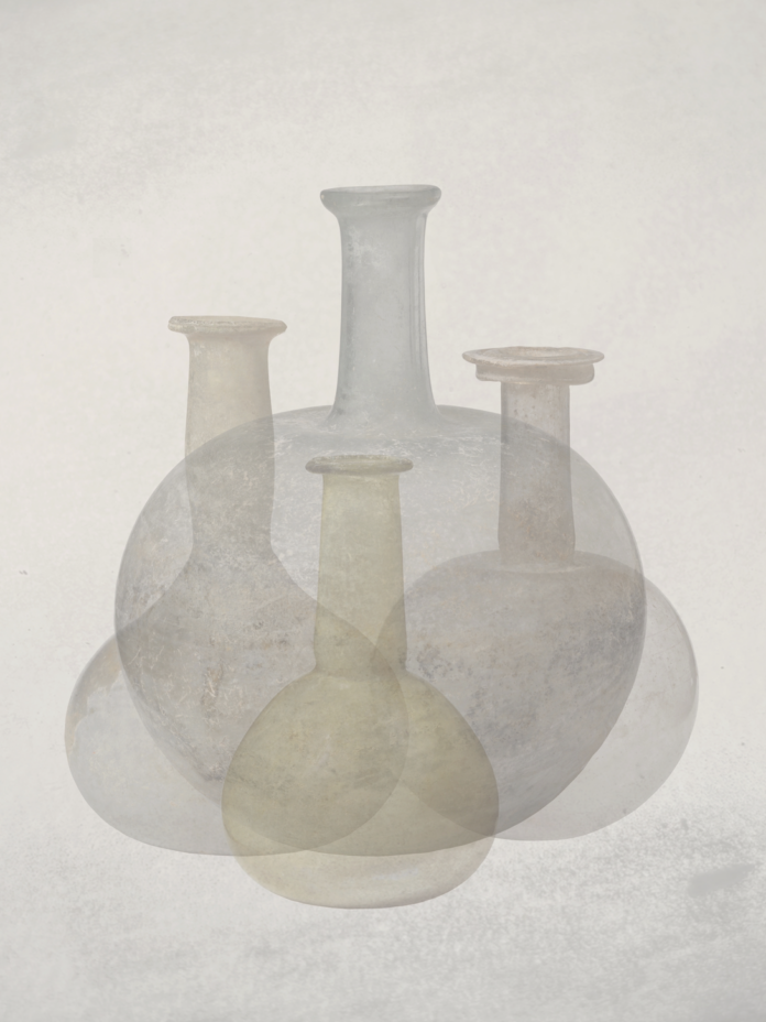 An illustration of various sized bottles on top of each other on a smokey background.