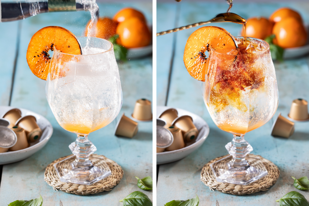Two pictures side by side of a glass with tonic water inside and espresso being poured over top to make a spritz. The glass is garnished with an orange slice.