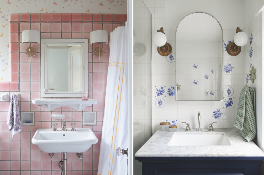 Two images of bathroom sinks side by side with mirrors above the sink. The left side has pink tile while the right has white.