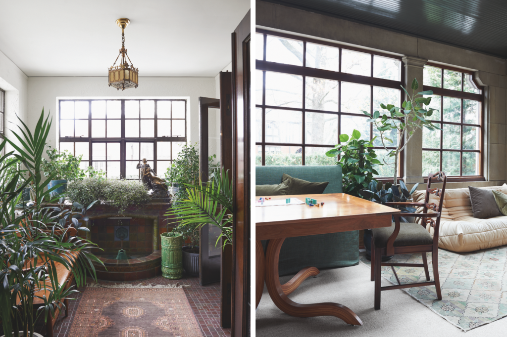 Two photos sit side by side, on the left is a room filled with plants by Studio Lithe while the right photo is an open room with plants and a wooden table with a chair.