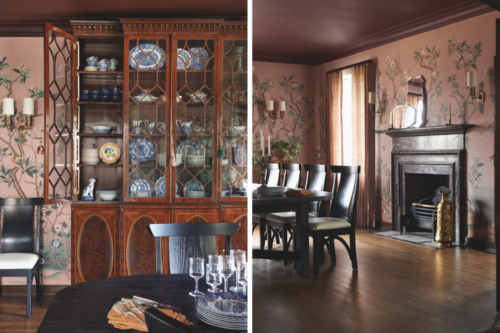 Two photos of a dining room by Studio Lithe sit side by side. On the left is a full china cabinet while on the right are dark wooden chars by a table.