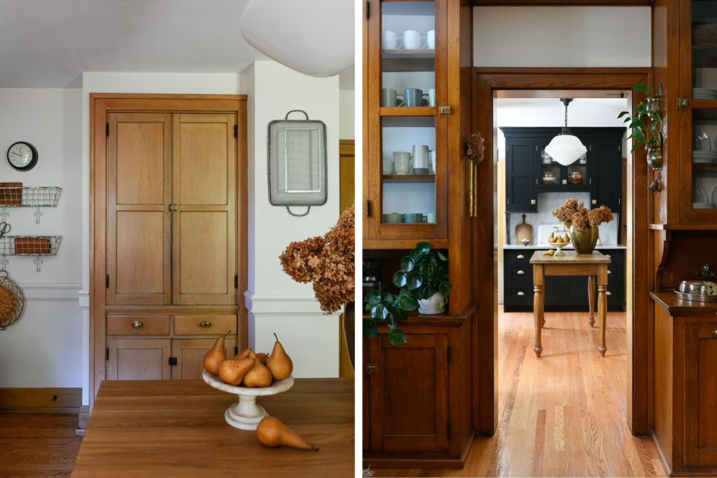 Two photos side by side. On the left is a picture of a wooden door from the view of the wooden dining table. On the right is an entryway between two cabinets to the kitchen, the black stove in the background.
