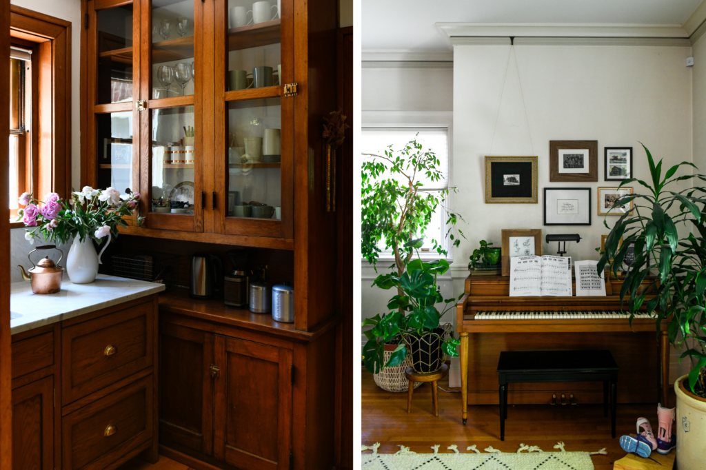 Two photos side by side. On the left is cabinetry lit up by sunlight, filled with kitchen glasses and plates. On the right is a wood piano surrounded by green plants and pictures on the wall.