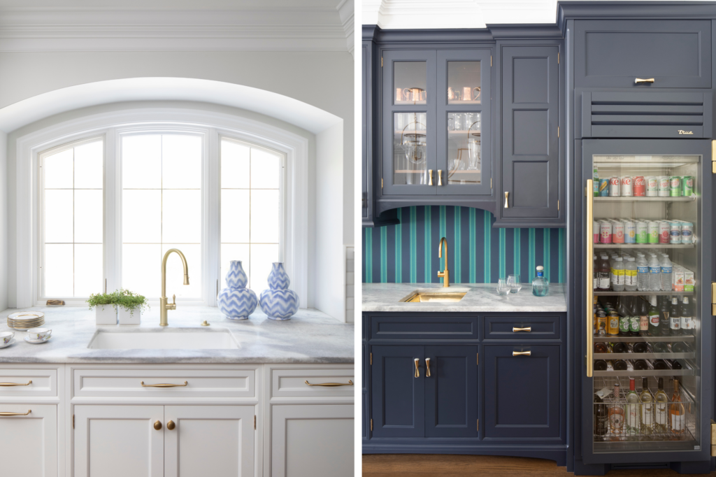 Two photos sit side by side of two different sinks in an expansive kitchen. On the left is a completely white painted cabinet adn sink while on the right are black cabinets and a teal striped backsplash.