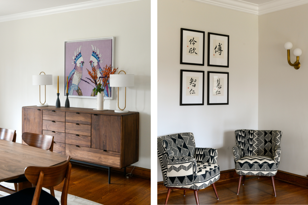 Two photos sit side by side. On the left is a photo of a dining space with a wood cabinet against the wall and table in the bottom left corner. On the right is a sitting space with two chairs and four pictures on the wall.