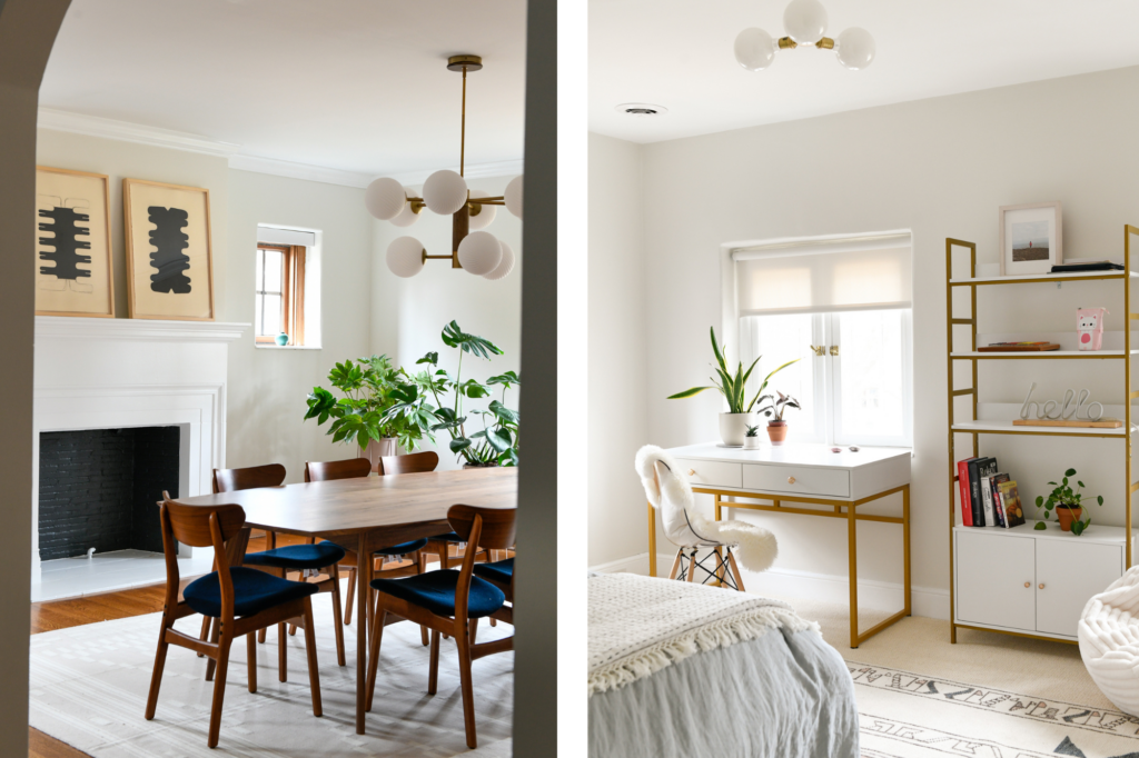 Two photos side by side. On the left is a shot of a dining room table and chairs through a doorway. On the right is a photo of a bedroom with white walls, desk, chair, and bed spread.