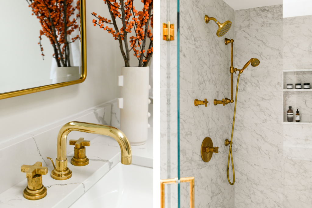 Two photos side by side. On the left is a photo of a marble sink with gold embellishments and on the right is a photo os a shower stall with gold embellishments.