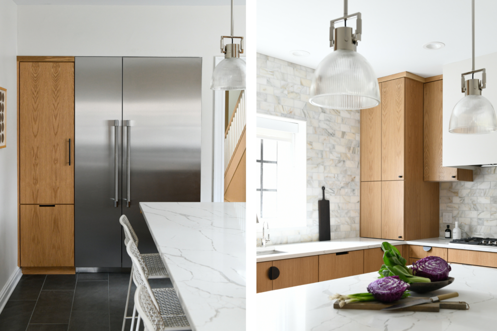 Two kitchen interiors side by side. On the left is a silver fridge built into a cabinet and on the right is a shot over a white table showcasing the countertop.