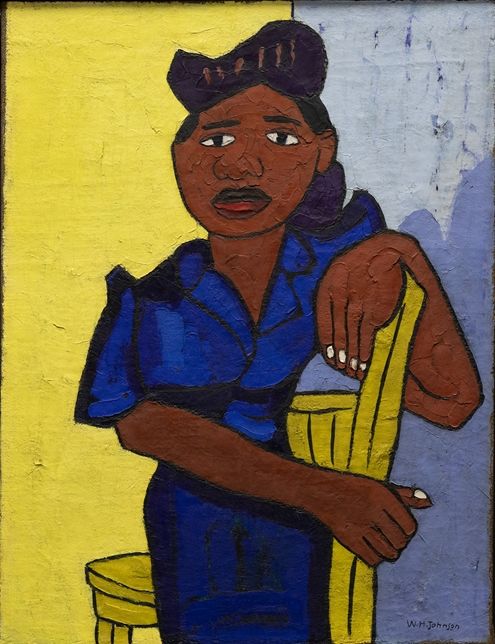 A painting of a Black woman in blue clothes by a yellow chair featured at the Metropolitan Museum of Art as a part of their collection on the Harlem Renaissance.