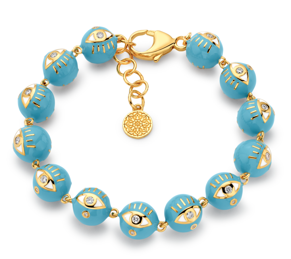 A blue teal bracelet with golden evil eye charms and a golden chain.