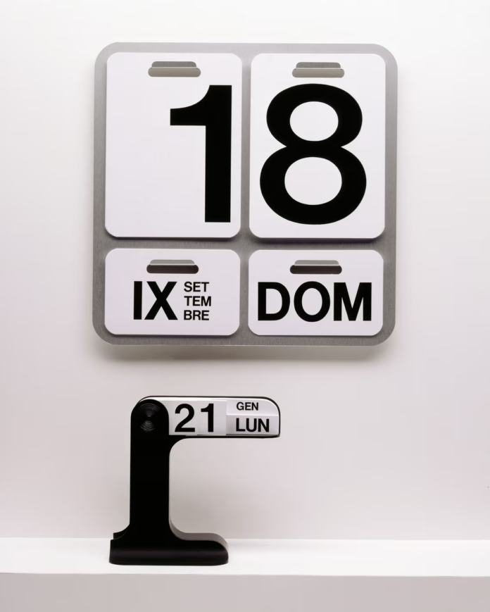 A wall calendar and desk calendar with big black block lettering against a white background by Enzo Mari.