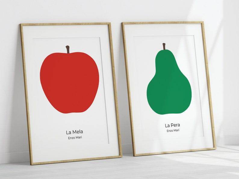 Enzo Mari’s La Mela and La Pera prints of a simple illustrated red apple on the left and a simple green illustrated pear on the right.