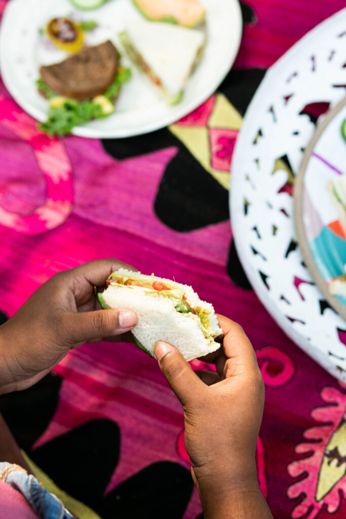 A person holds a Bombay Style sandwich with a pink blanket below their hands. A while plate with various food item sits at the top of the photo.