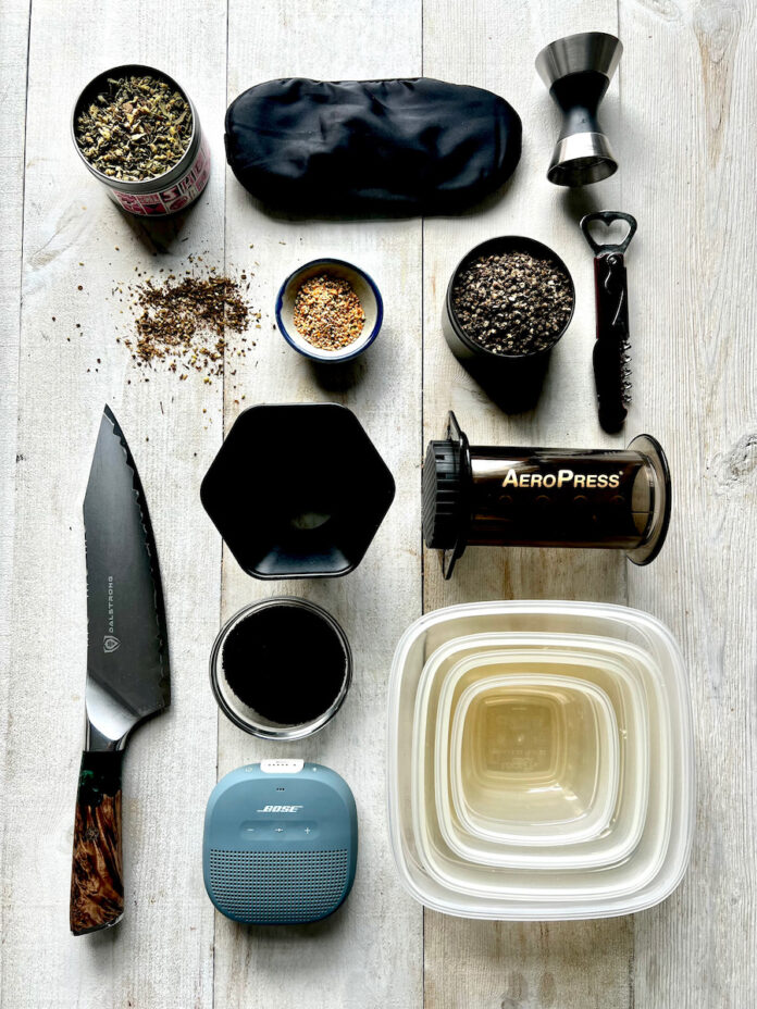 A series of culinary objects on a white background